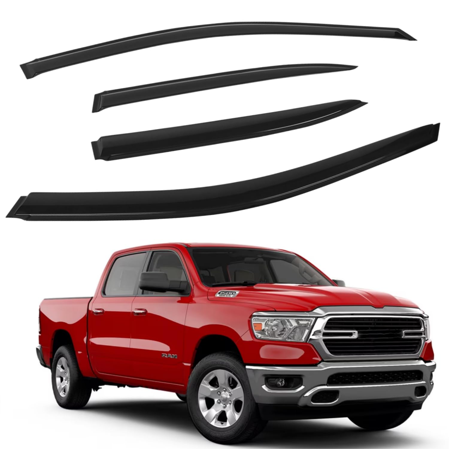 Rain Guards for 2019-2025 Dodge Ram 1500 Crew Cab (New Body Style, Includes TRX), Outside Mount Window Visors Wind Deflectors Vent Shades, 2020 2021 2022 2023 2024, Exterior Car Accessories