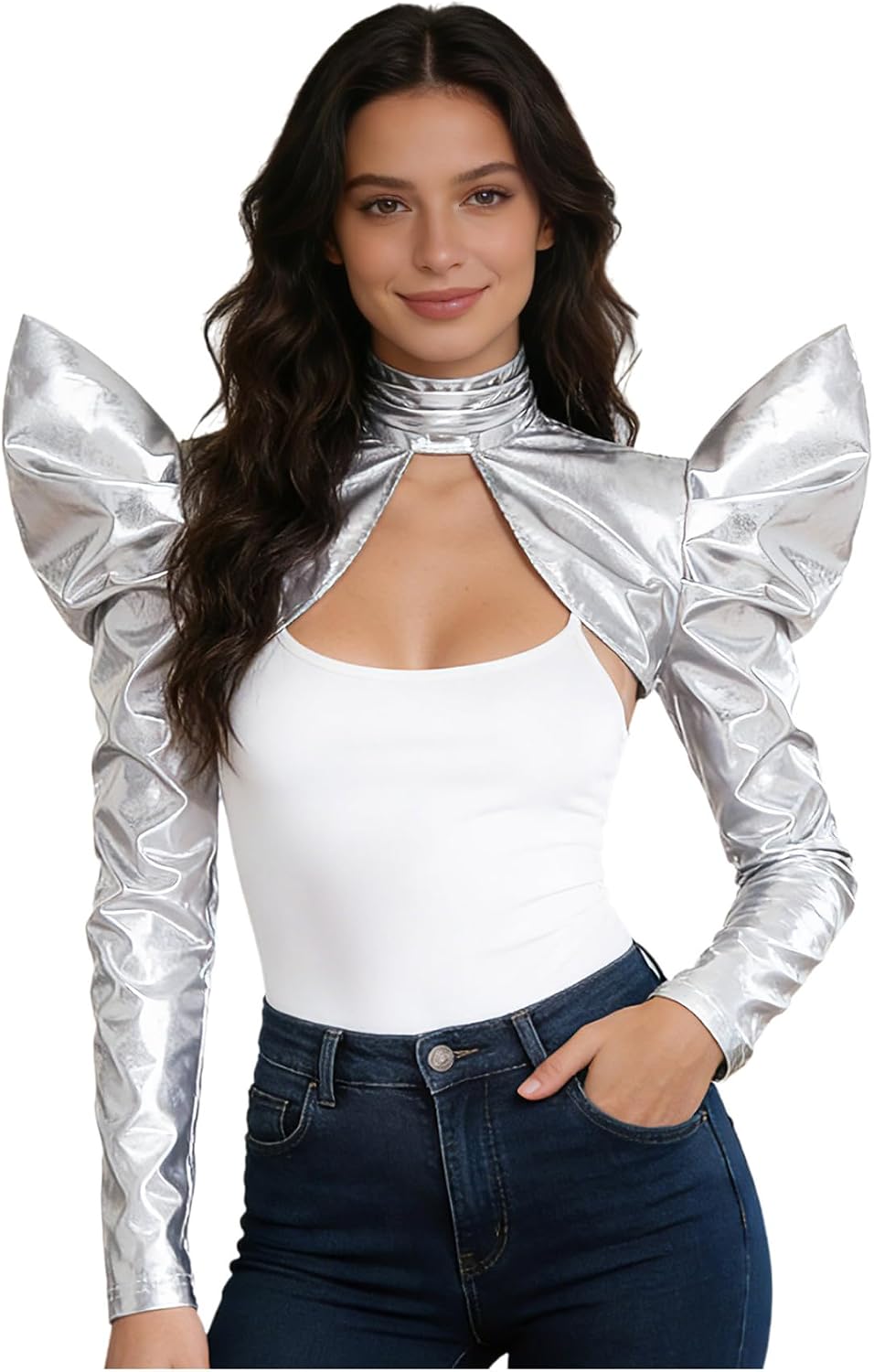 Womens Shiny Metallic Armor Bolero Shrug Top Ruffled Cap Sleeve Cardigan for Halloween