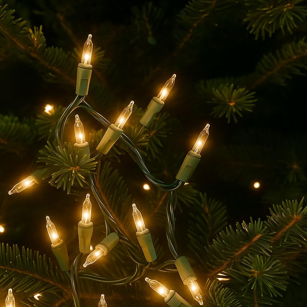 Novelty Lights 12-Pack 34 Feet 100 Clear Mini Christmas Lights, Green Wire String, Traditional Vintage Green Christmas Light, 4 Inch Spacing, Indoor/Outdoor UL Listed