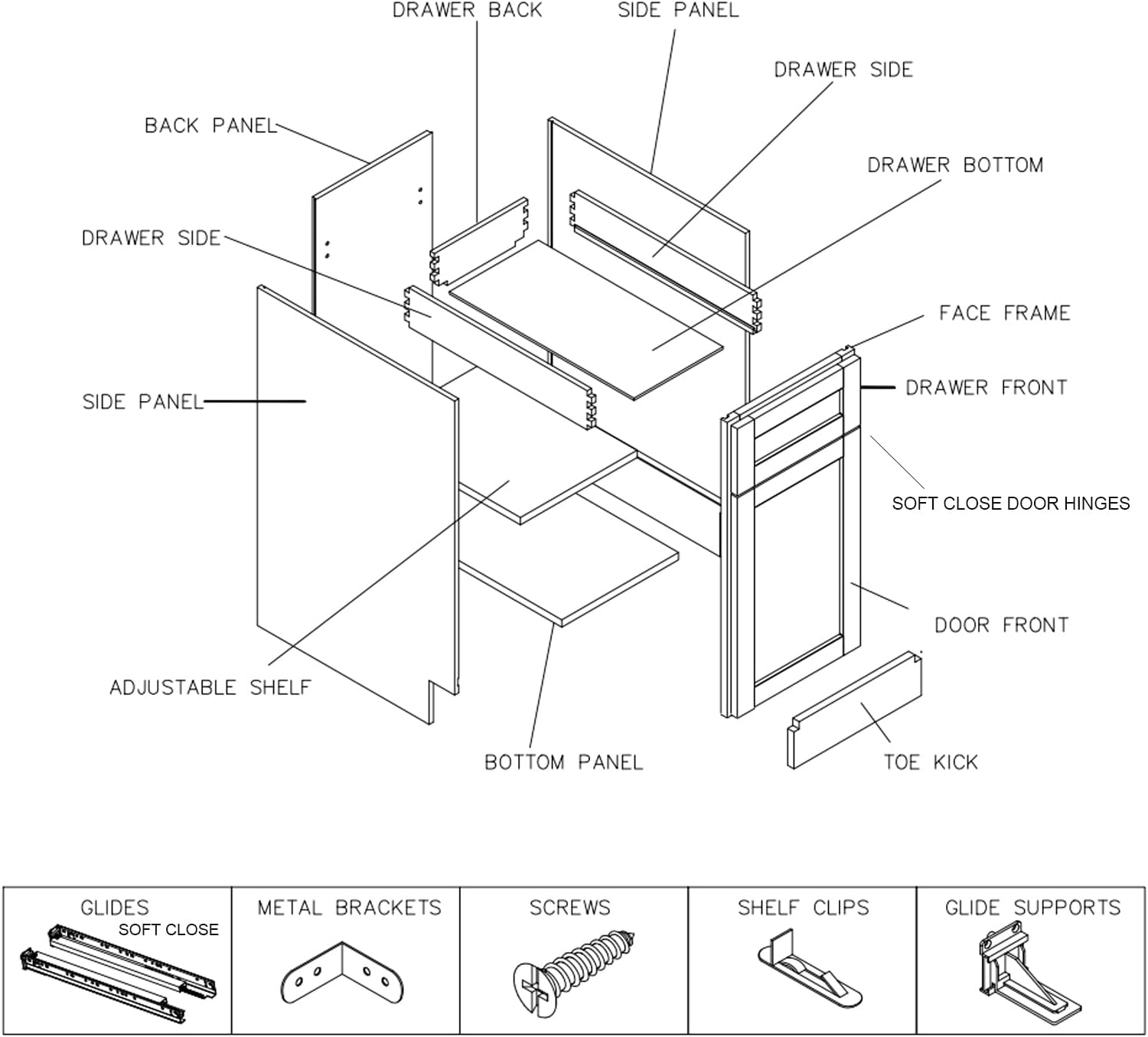 Exploded view diagram of Lieeres Kitchen Base Cabinet components