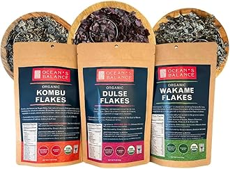 Ocean's Balance Organic Flakes Seaweed Combo Pack (4 Oz Pouch Dulse +4 oz of Wakame + Kombu) - Maine Coast Seaweed - Perfect for Keto, Paleo, Vegetarian and Vegan Diets - Atlantic Coast Sea Vegetables