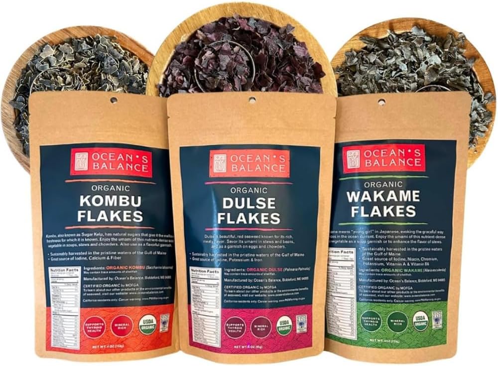 Ocean's Balance Organic Flakes Seaweed Combo Pack (4 Oz Pouch Dulse +4 oz of Wakame + Kombu) - Maine Coast Seaweed - Perfect for Keto, Paleo, Vegetarian and Vegan Diets - Atlantic Coast Sea Vegetables