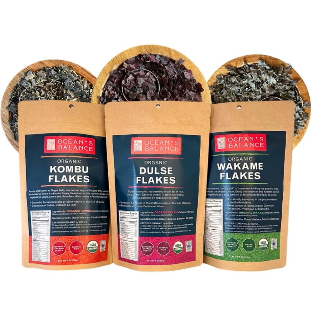 Ocean's Balance Organic Flakes Seaweed Combo Pack (2 Oz Pouch Dulse +4 oz of Wakame + Kombu) - Maine Coast Seaweed - Perfect for Keto, Paleo, Vegetarian and Vegan Diets - Atlantic Coast Sea VegetablesUSDA Organic