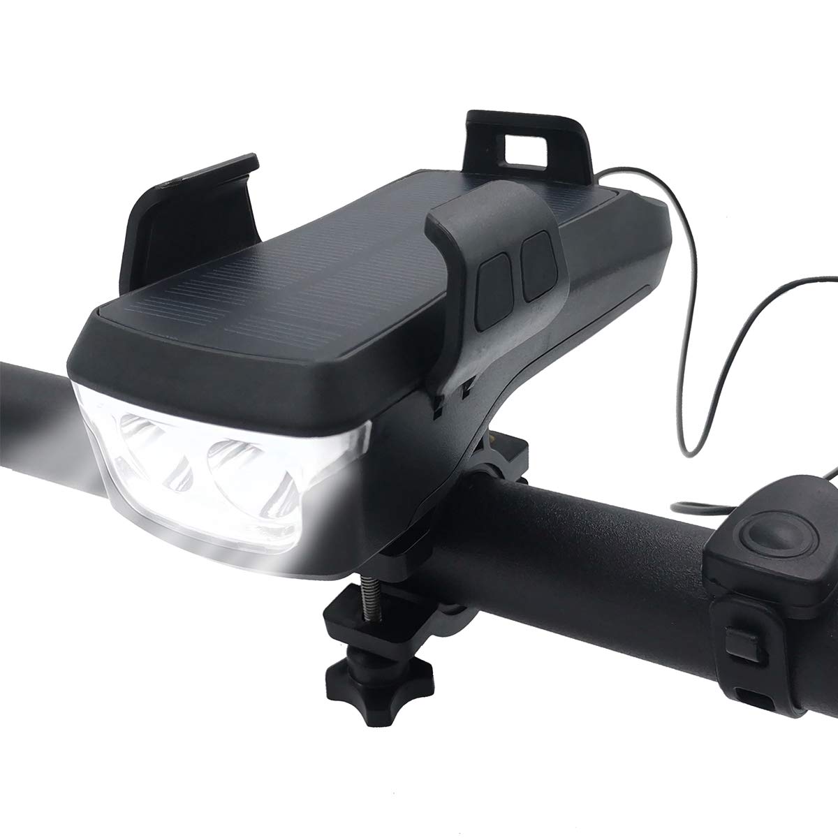 Wielofunkcyjna lampka rowerowa LED 4 w 1 4000 mAh Przednia lampka rowerowa 550 lumenów Wodoodporna lampka rowerowa ładowana przez USB z bankiem energii słonecznej i głośnym klaksonem oraz uchwytem na