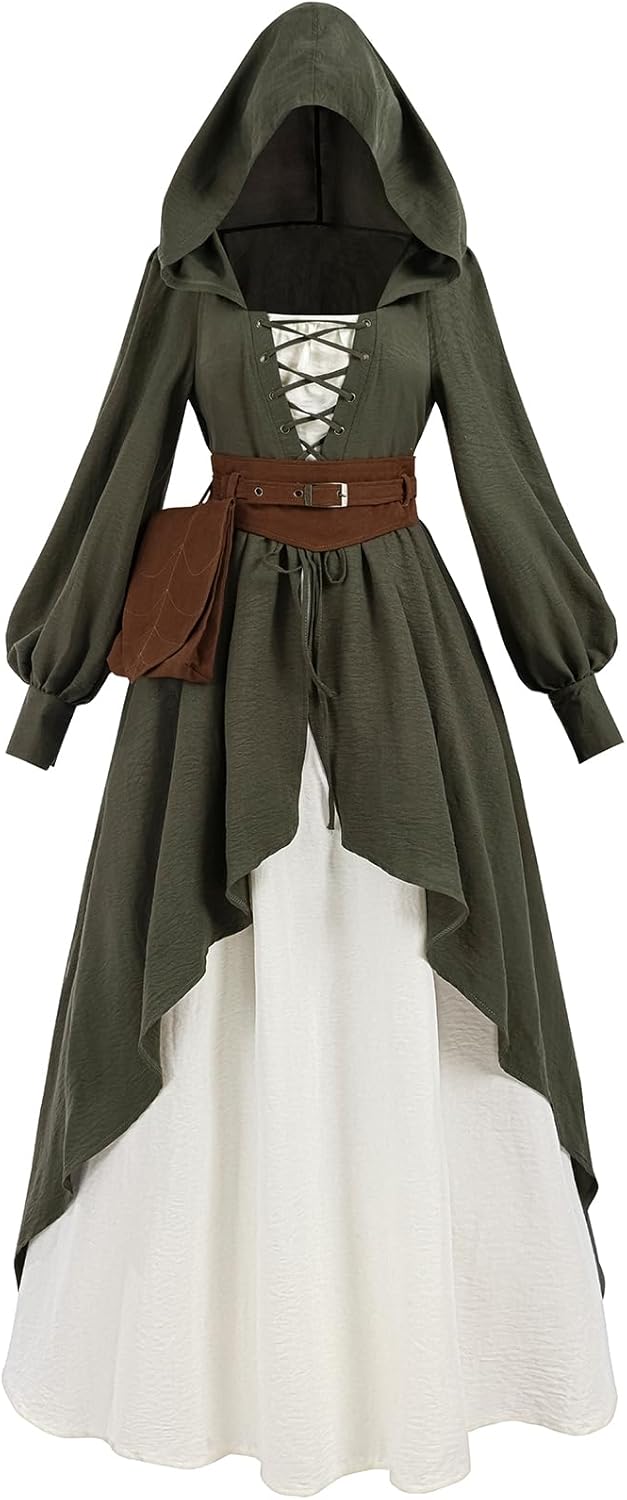 FCCAM Medieval Dress for Women Green Hooded Ren Faire Peasant Dresses Renaissance Costume with Belt Pouch