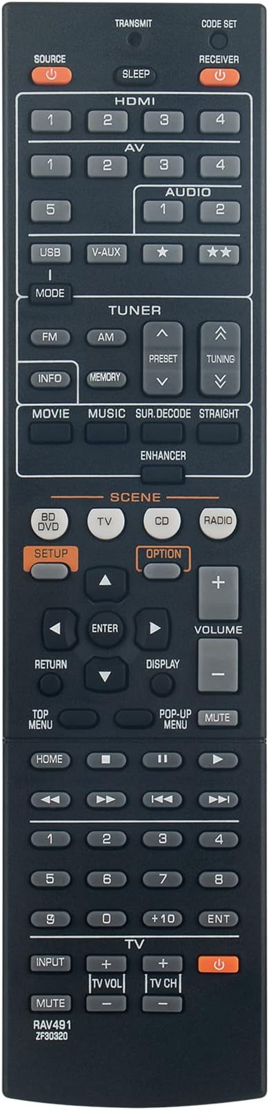 RAV491 ZF30320 Replace Remote Control Suitable for Yamaha AV Receiver RX-V475 YHT-893 RX-V471 RX-V571 HTR-4064 RX-V667 HTR-4066 HT-797BL HTR-2866 HTR-3066 HTR-6063 YHT-693 RX-V467 RX-V467BL RX-V367