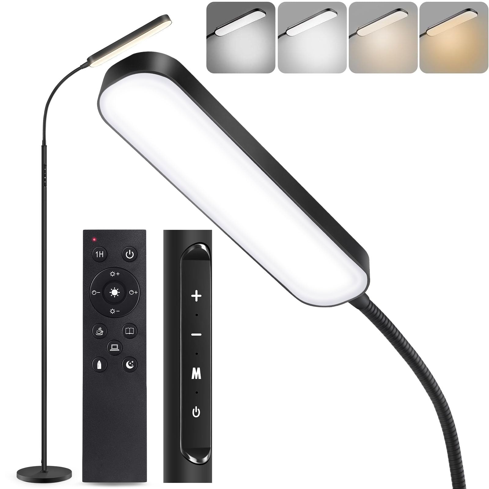 OUTON Lámpara de Pie para Salón LED Regulable con Control Remoto y Táctil, 15W 1500LM, Temporizador de 1 Hora, 4 Temperaturas de Color, Moderna Lámpara de Lectura Negra