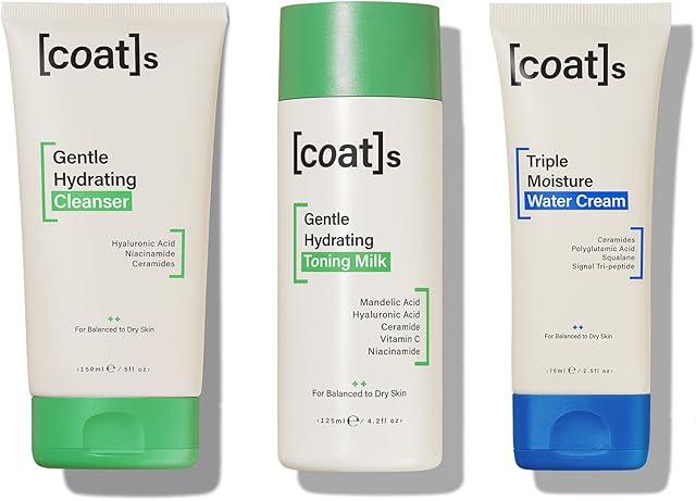 Coats Skincare Set Bundle, Gentle Hydrating Cleanser + Toner + Moisturiser. Face Wash Skin Care Set for Women and Men with Hyaluronic Acid + Ceramides, Combination to Dry Skin (150ml + 125ml + 75ml)