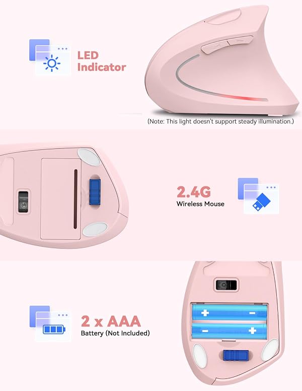 TECKNET Ergonomic Mouse, 4800 DPI Wireless Vertical Mouse with 5 Adjustable DPI Levels, 2.4GHz Optical Carpal Tunnel Mouse, 6 Buttons for Laptop, Desktop, PC, MacBook - Pink by TECKNET - Image 6