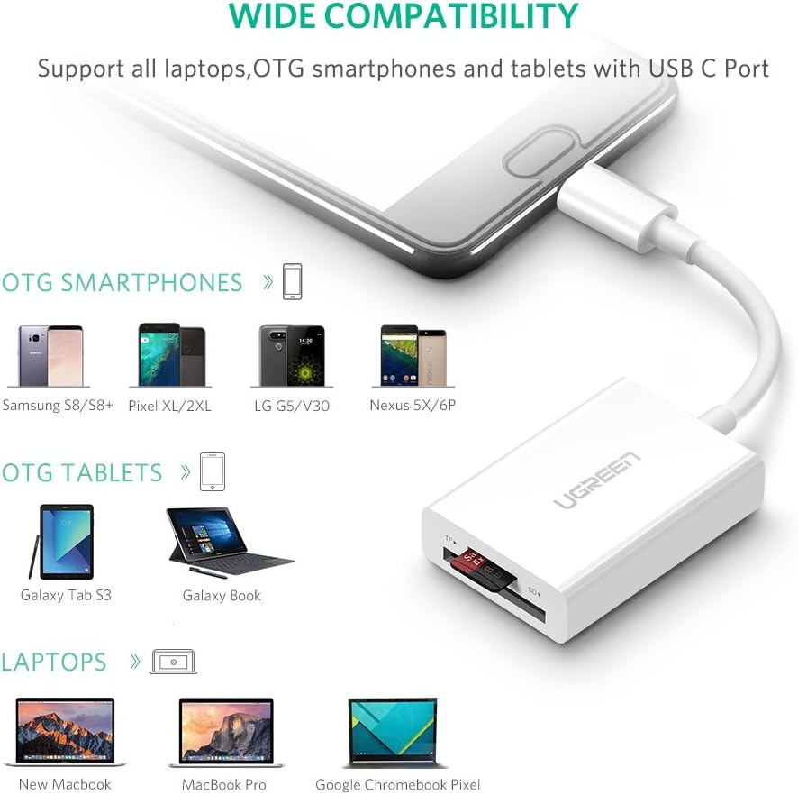 UGREEN USB C SD Card Reader USB 3.1 Type C OTG Memory Card Reader Adapter SD TF Dual Slot for MacBook Samsung S9 S8 Plus Note 9 8 Google Pixel XL 2XL LG V20 V30 G5 G6 G7 Nexus 5X 6P Moto Z White