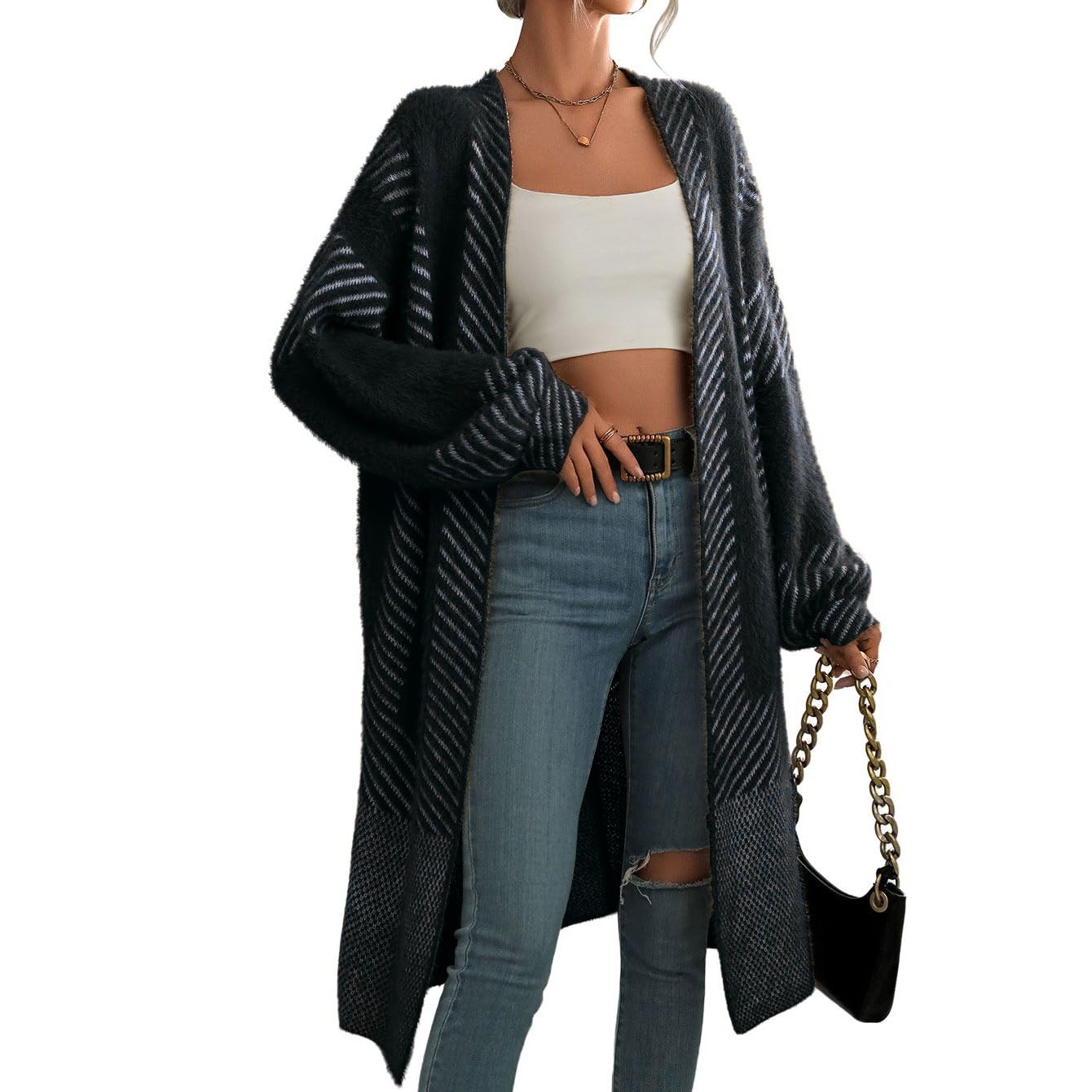 chouyatou Womens Color Block Striped Fuzzy Long Cardigan Sweaters Open Front Diagonal Stripe Knit Cardigan Jacket Coat