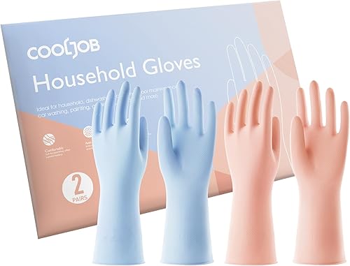 COOLJOB 2 pares de guantes de goma gruesa con forro de algodón y agarre antideslizante, guantes coloridos para el hogar de larga duración para lavar