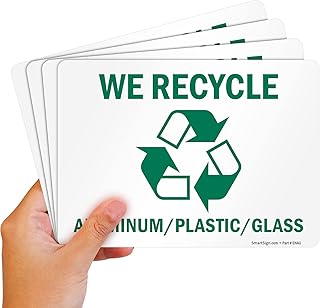 SmartSign (Pack of 4) 5 x7 inch “We Recycle - Aluminum/Plastic/Glass†Sticker Labels with Symbol, 5 mil Laminated Polyester with SuperStick Adhesive, Green and White