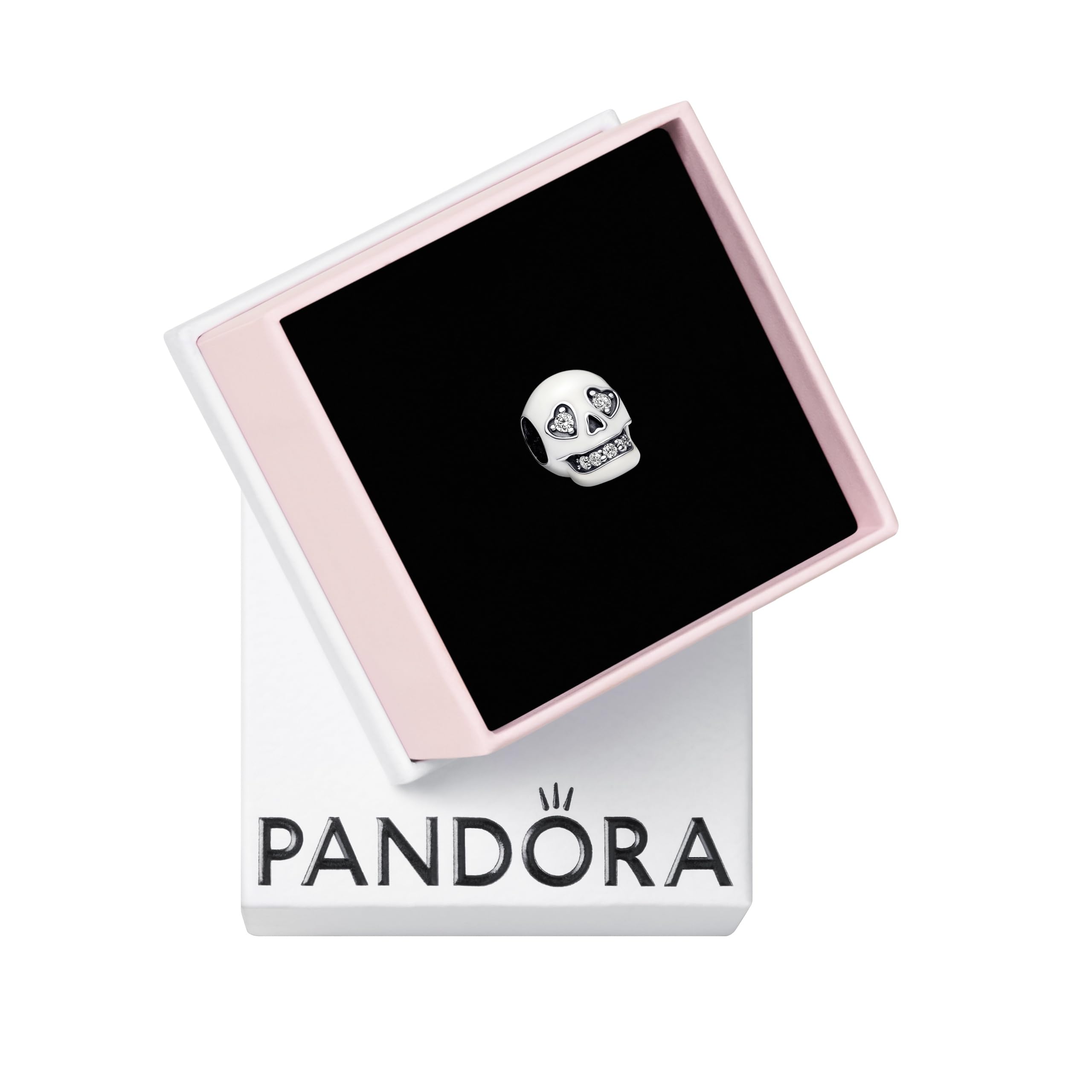 PANDORA Ciondolo in argento Sterling Moments a forma di teschio con zirconia cubica trasparente e smalto bianco che si illumina al buio