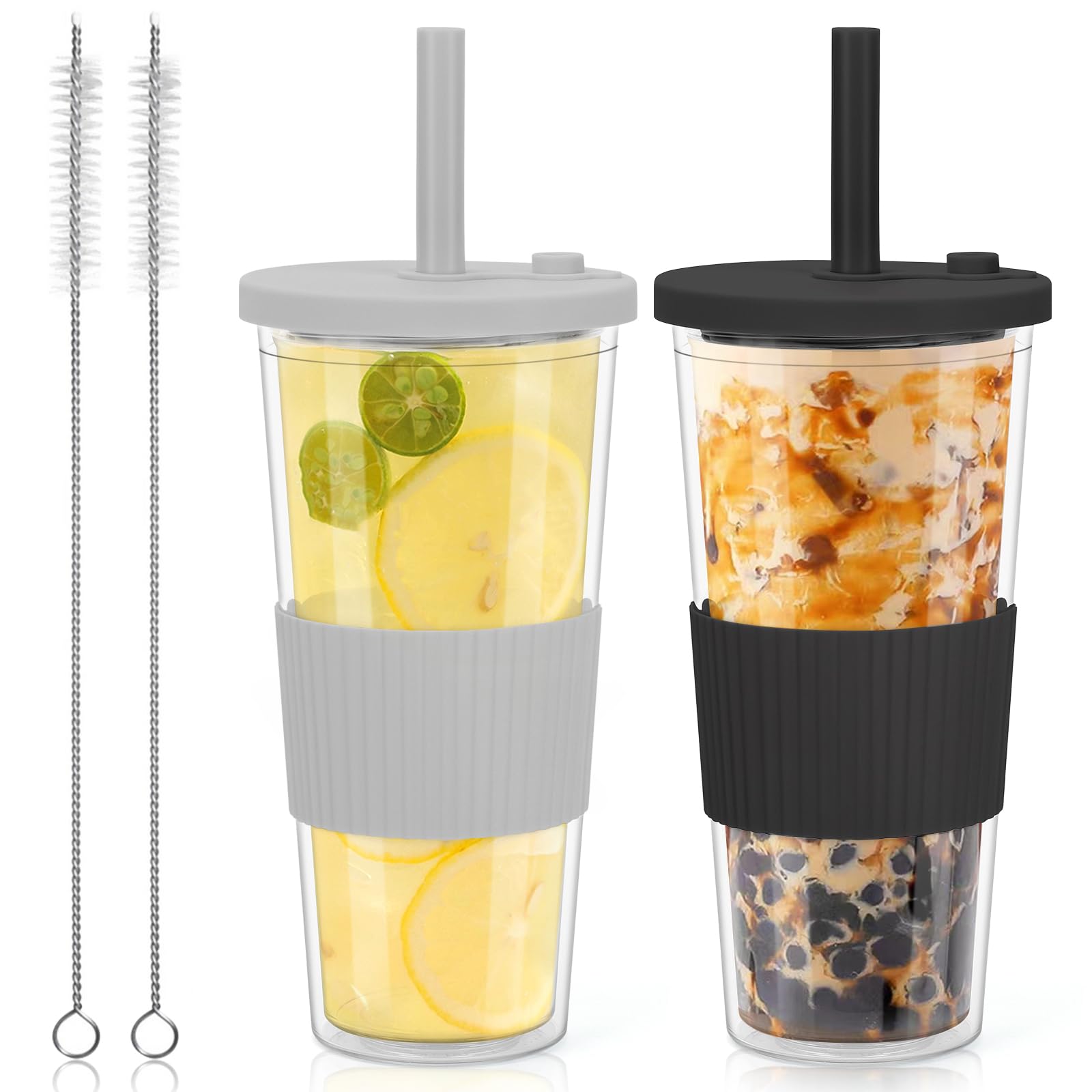 ZgoEC 2 Stuks Bubble Tea Bekers met Deksel en Rietje, Boba-beker, Smoothie Tumbler, 730 ml, BPA-vrij, dubbelwandig, Geïsoleerd, Plastic Beker, Herbruikbare Lekvrije Drinkbeker voor Koffiesap