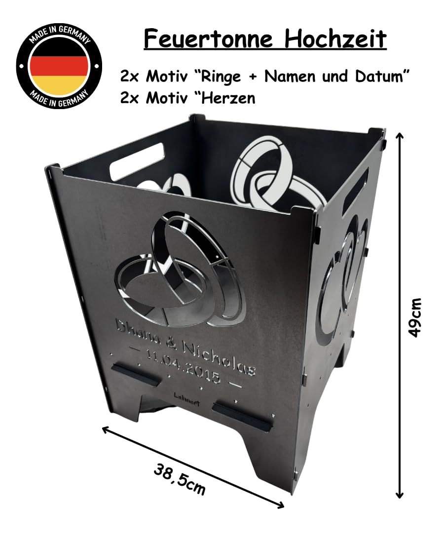 Lehnert Feuertonne Hochzeit 49 cm aus 3 mm Stahlblech personalisiert Feuerkorb Feuerschale Feuerstelle mit Zwei Herzen und Trauringen, große Massive und Feuerfeste Feuerstelle für Garten und Terrasse