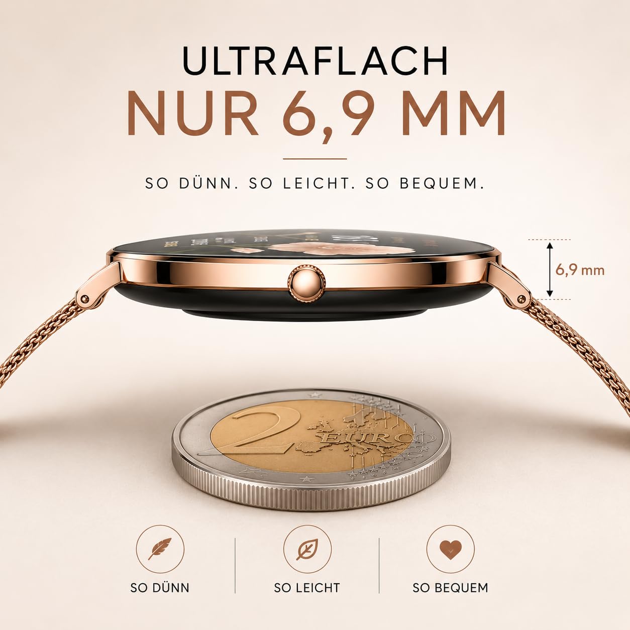 XCOAST SIONA 2 Damen Smartwatch Roségold 1,3" AMOLED Fitnessuhr Herzfrequenz Blutdruck SPO₂ IP68 wasserdicht 7 Tage Akku Android iOS