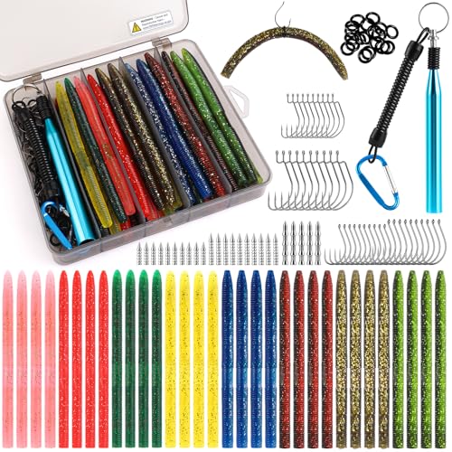 TOPFORT Fishing Lures Bass Fishing Kit with Wacky Worm Fishing Worms for Bass Fishing Soft Plastic Baits with Hooks Weights Fishing Accessories Fishing Gear Fishing Gifts for Men with Tackle Box