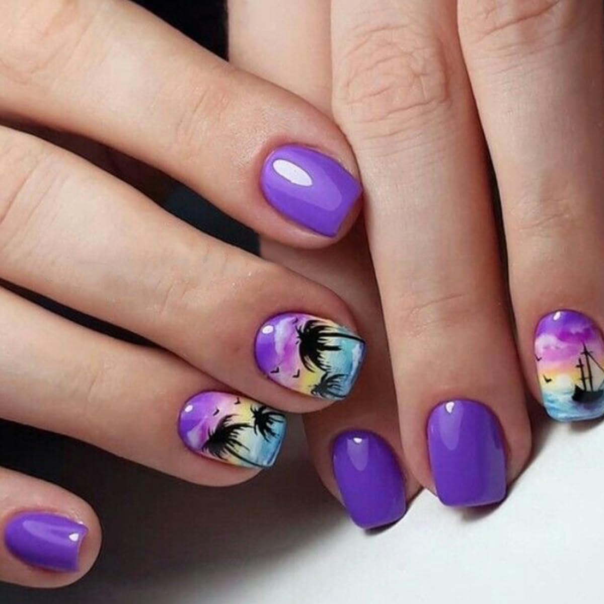 Purple Summer Press on Nails Square Short Fake Nails with Coconut Trees and Sailboats Designs Cute Gradient Artificial Glue on Nails Full Cover False