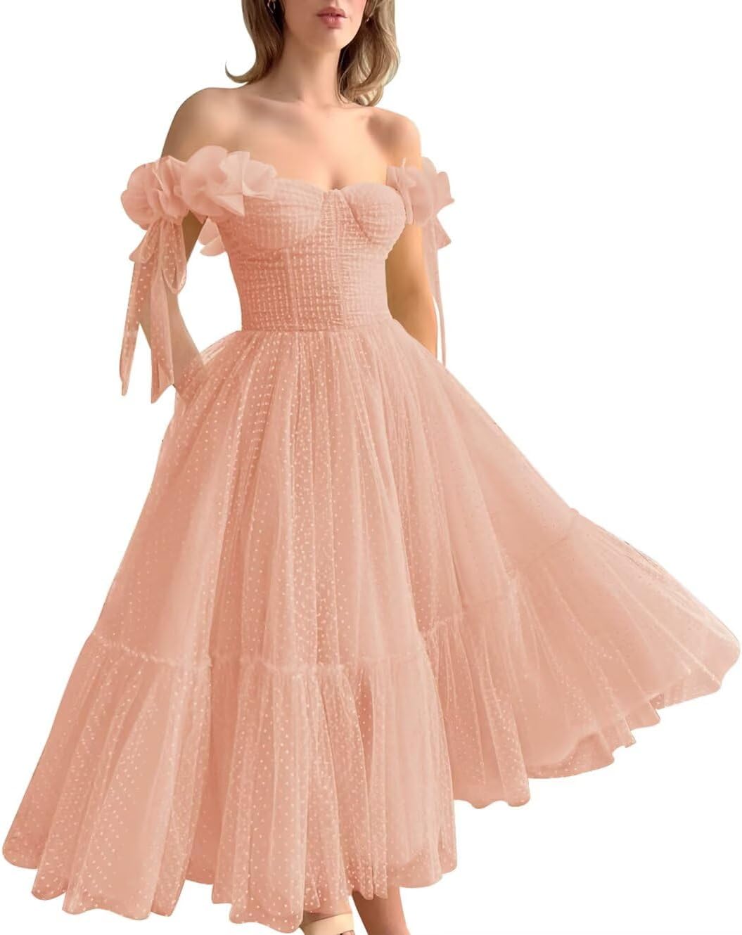 Dotted Tulle Off Shoulder Prom Dress for Women Sweetheart Midi Puffy Formal Party Gowns