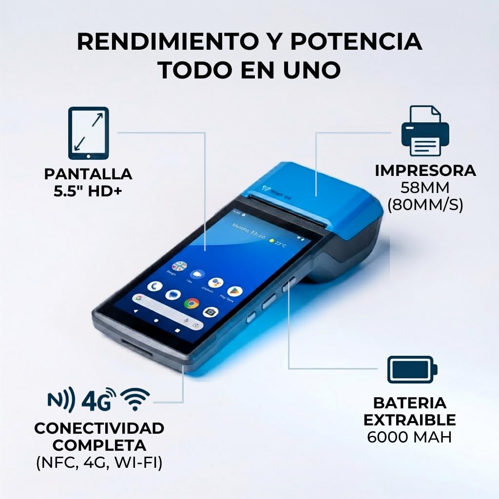 Vega PDA Android 14 con Impresora Térmica 58 mm | Terminal Portátil TPV con Lector 1D/2D, NFC, 4G LTE, WiFi, Pantalla HD+ 5.5", Batería 6000 mAh | Hostelería y Comercio | Azul