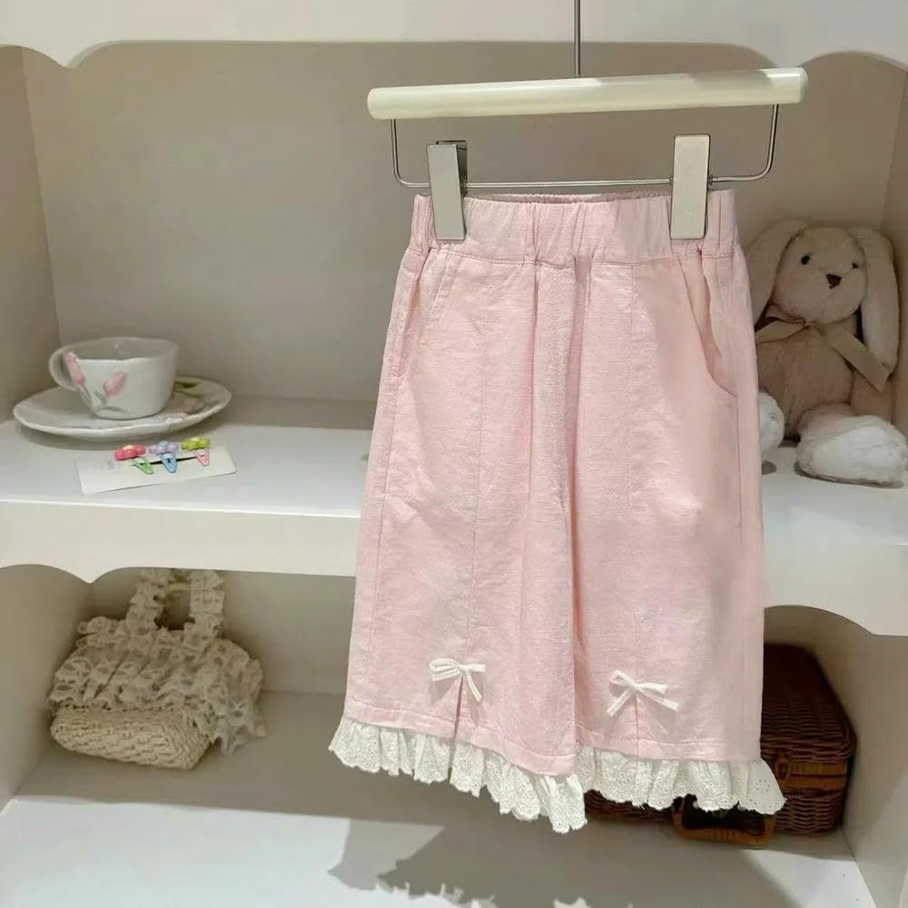 SLJYM Pantaloni dritti per bambini e ragazze, autunno con fiocco in pizzo, pantaloni lunghi larghi casual con elastico in vita per bambini