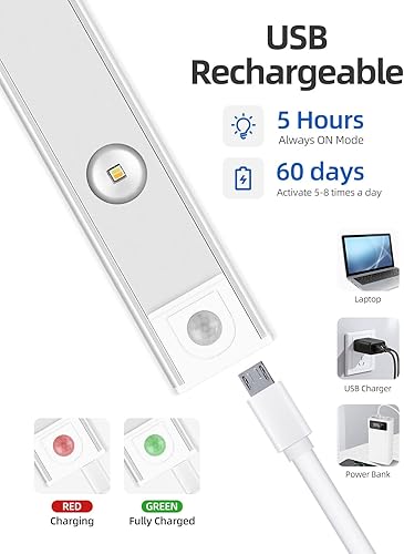 Miniatura 4 de GARTO Luces LED para debajo del gabinete recargables por USB luces delgadas de armario con sensor de movimiento en interiores 2 bombillas de colina