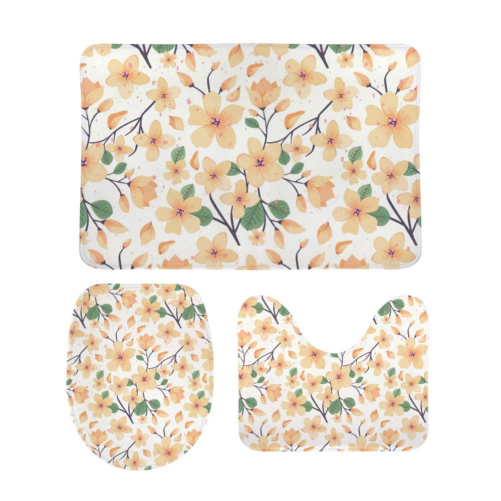 Tapis de salle de bain mousse mémoire forme ensemble 3 pièces motifs fleurs