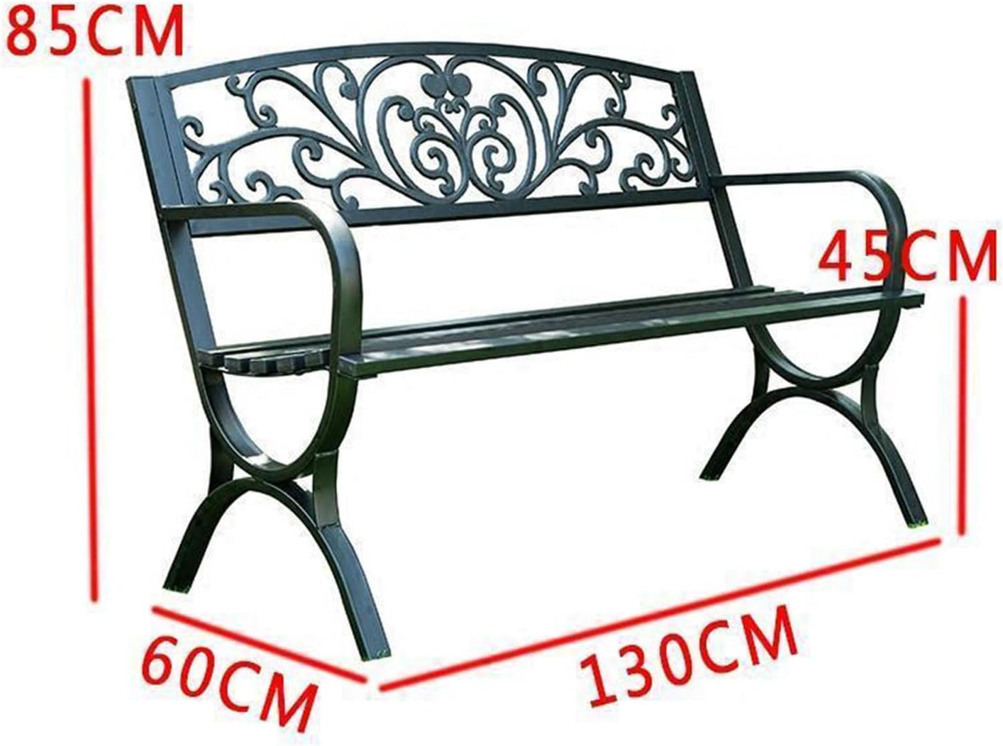 Weatherproof 50" Outdoor Metal Garden Bench for 2, Floral Backrest & Arch Legs, Stylish Patio Seating, Ideal for Lawn, Porch, Park & Backyard Furniture (Black)