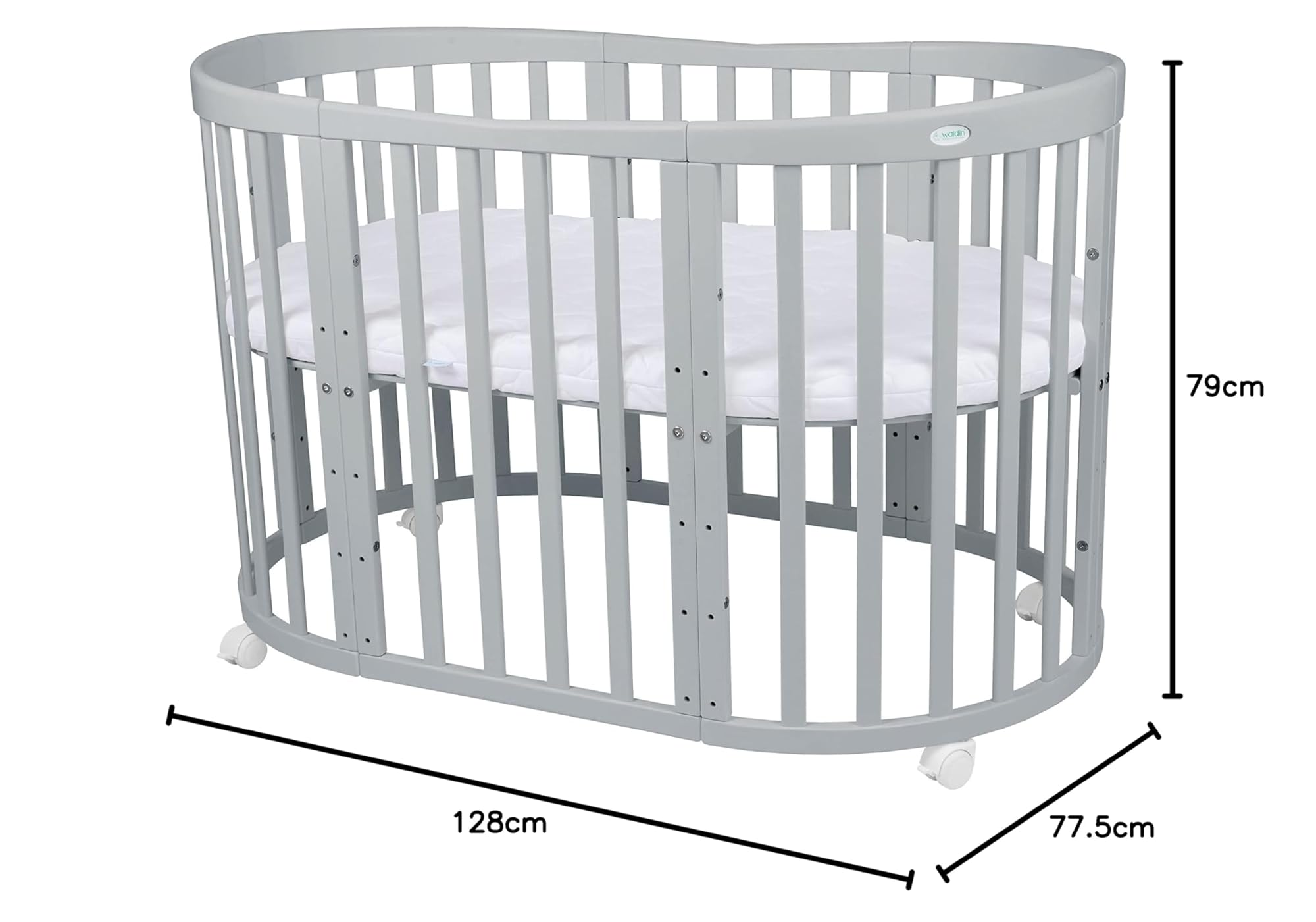 waldin Babybett Oval 7in1, Matratze, Rollen, Regal, Grau | Ohne Stoffset, Mitwachsend, Beistellbett aus Holz, Wiege optional