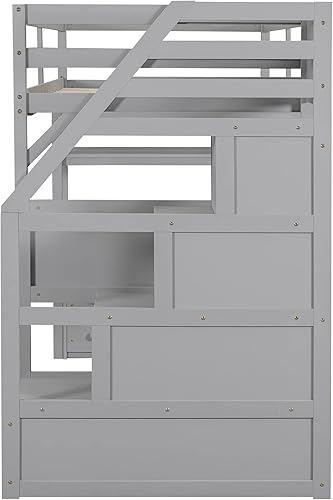 Miniatura 26 de Quarte Cama alta multifuncional, cama alta tamaño matrimonial con escritorio integrado y estantes de almacenamiento, dos cajones y escalera de