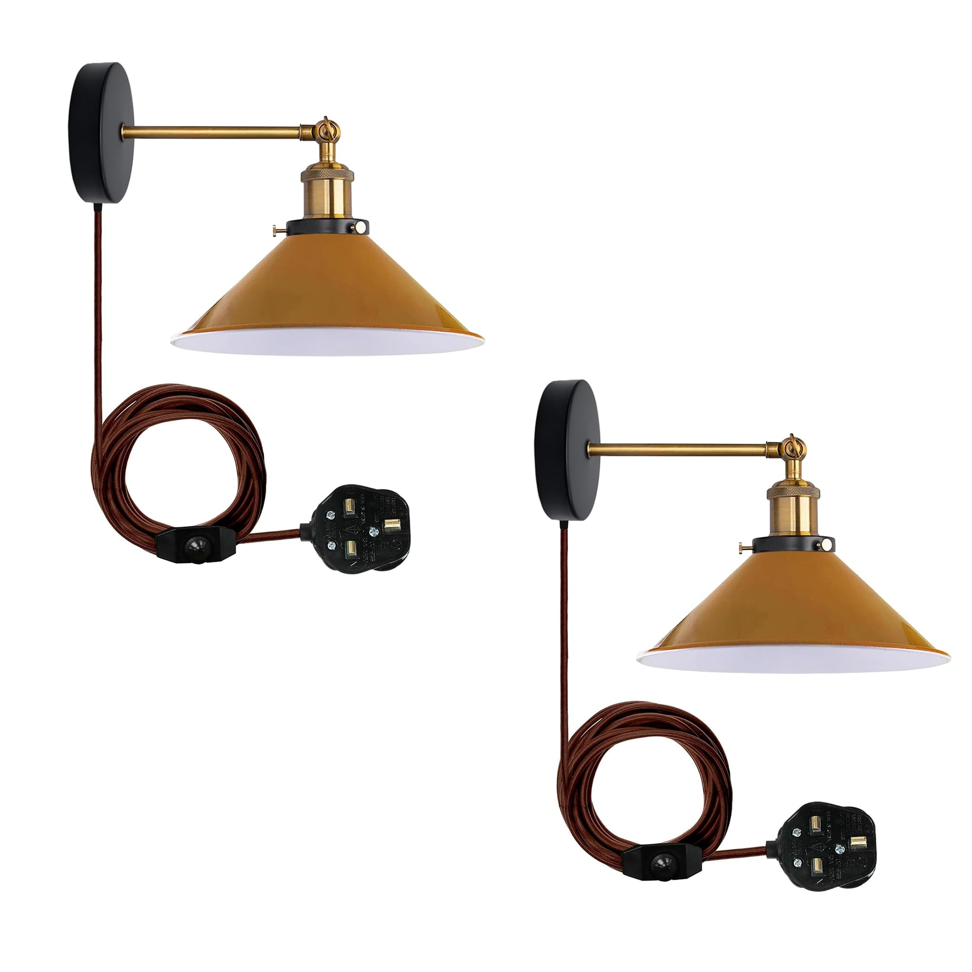 LEDSone 2 Pack of Retro Industrial Wall Light Plug-in Wall Lamp Metal Cone Shape Shade Indoor Light Fitting with Dimmer Switch for Bedroom Hallway Restaurants (Yellow 2 Pack, Without Bulb) โ image 1