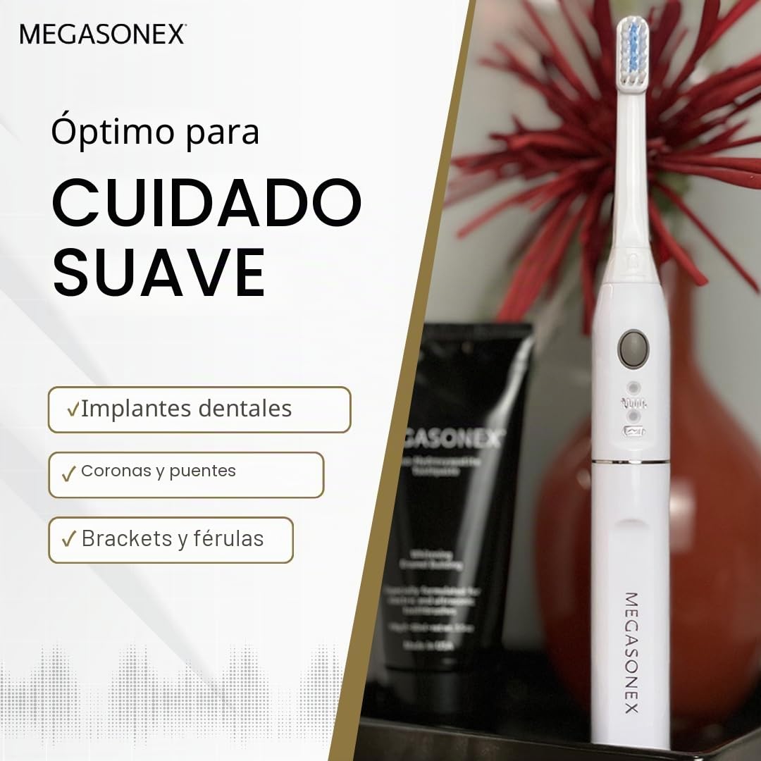 MEGASONEX Cepillo de dientes ultrasónico M8, con 2 niveles de vibración, cepillo de dientes blanco con 2 cabezales medianos