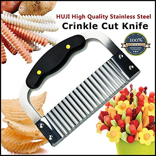Huji Black Handled Crinkle Cut Knife Salad Chopping Knife and Vegetable French Fry Slicer Steel Blade Cutting Tool, Silver (1 Pack, Crinkle Cutter)