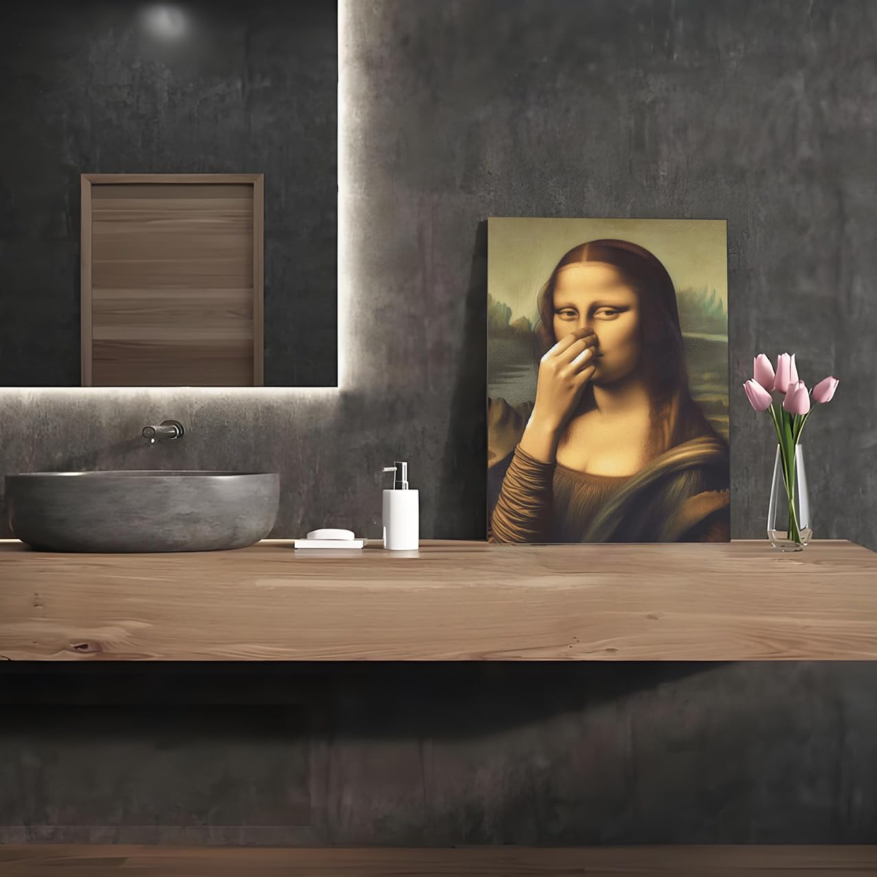 HNKDKJ Mona Lisa tapándose la nariz lienzo para baño arte de pared divertidas imágenes de Monalisa para baño decoración de pared famosa pintura al óleo impresiones artísticas de Monalisa - 50x70 c