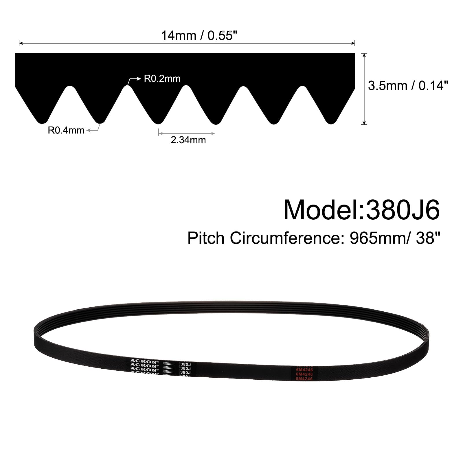 QUARKZMAN 2Pcs 380J6 Pj Courroie Striée à 6 Nervures de 38" de Longueur x 0,55" de Largeur x 0,14" de Hauteur, Courroie Poly V en Caoutchouc EPDM, Courroie Micro V à Plusieurs Gorges