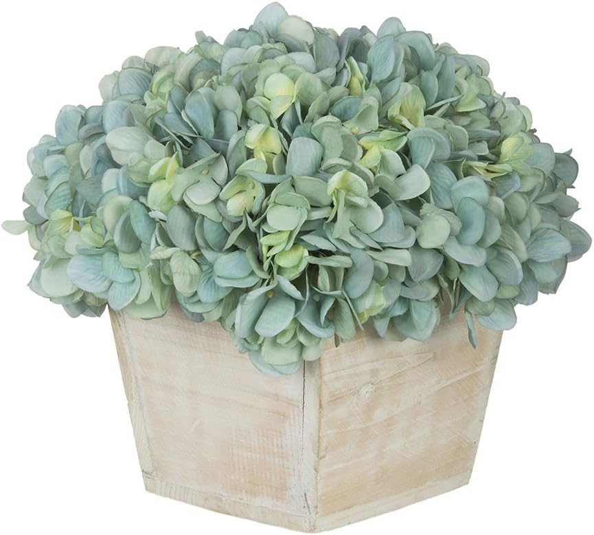House of Silk Flowers Artificial Hydrangea in White-Washed Wood Cube (Sage/Cream)