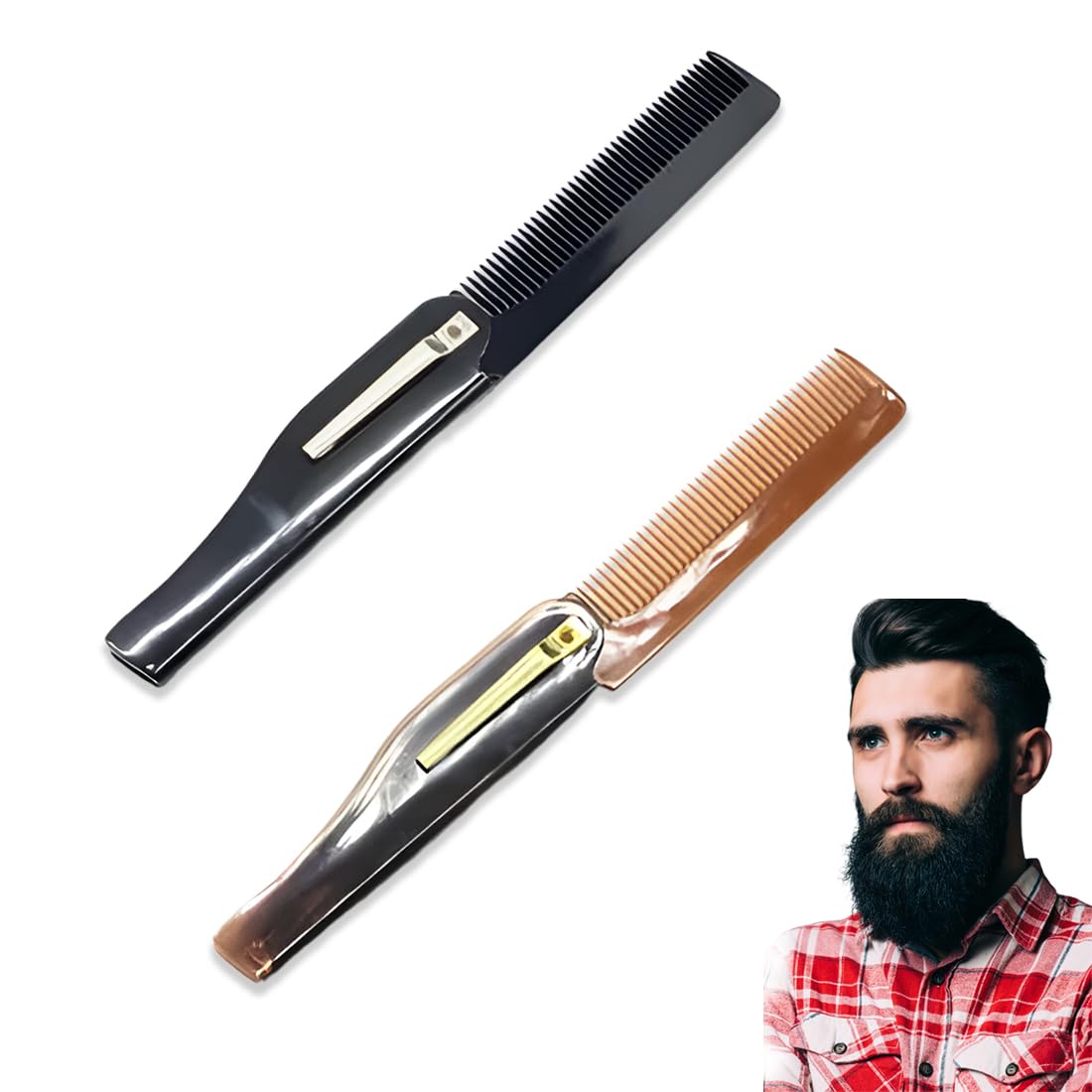 EODKSE Peine Plegable para Hombre y Mujer con Cepillo Antiestático y Decoración de Chapa Metálica - Set de 2 - Portátil y de Calidad Profesional para Cuidado del Cabello y Barba - Ideal para Barberos
