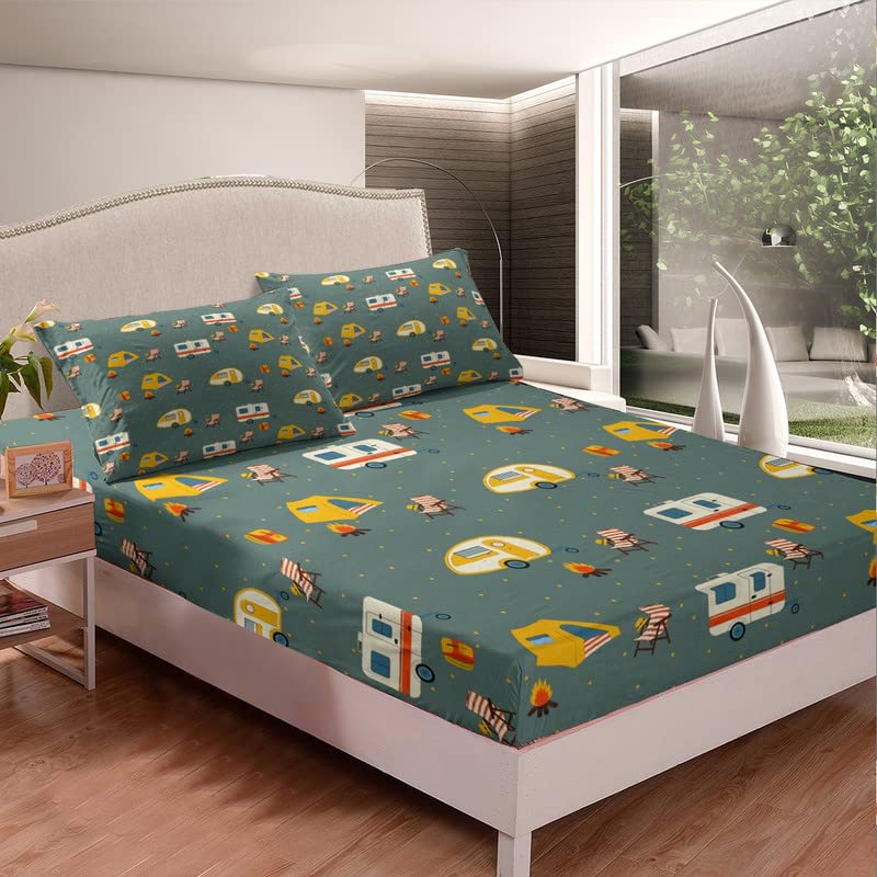 Camper Bed Sheets Set Happy Camping Kids Sheet Set Boys Girls Cartoon Camping Car Decor Sheets with Deep Pocket Fitted Sheet RV Camping Microfiber Bedding Set Bedroom Full Size