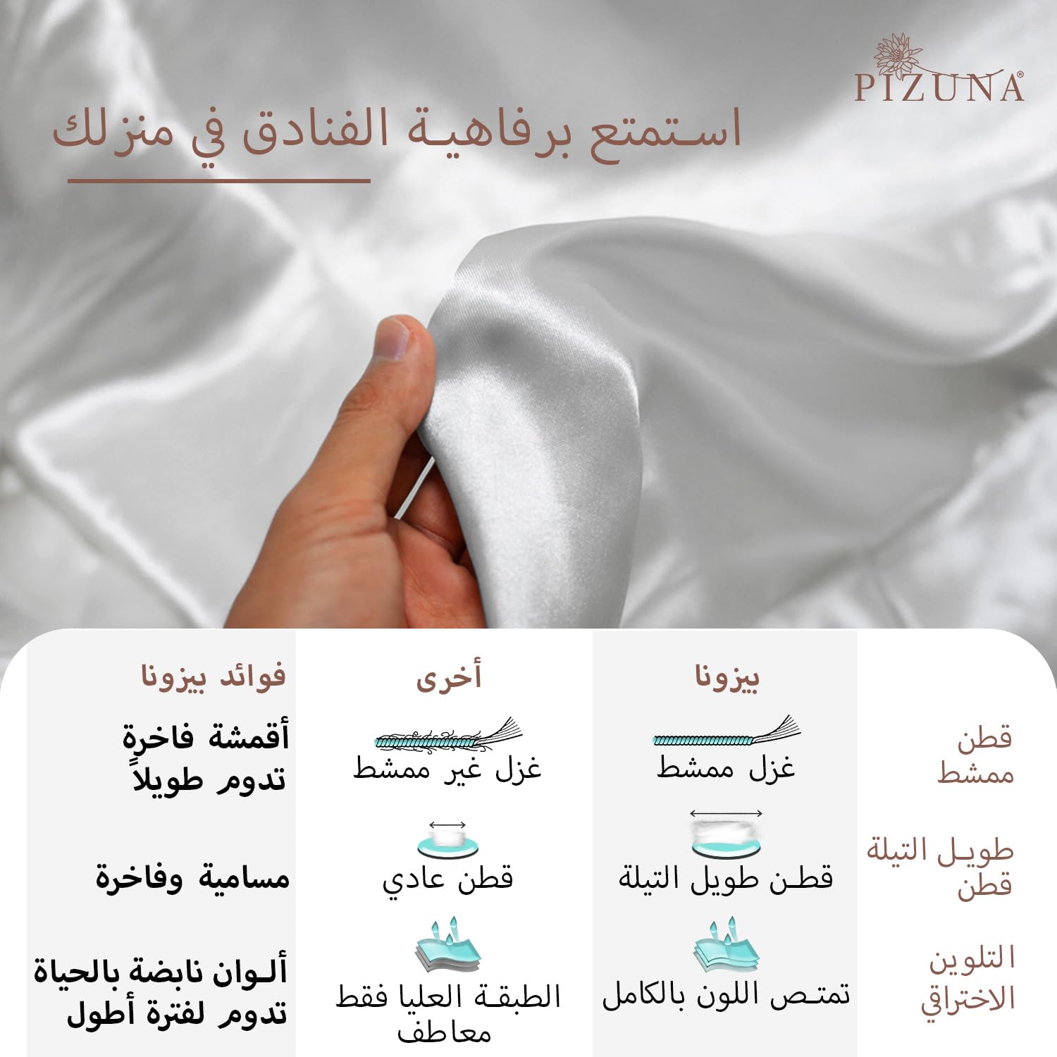 Pizuna 100% Cotton Super King Duvet Cover Set White, 400 Thread Count Long Staple Cotton Superking Duvet Cover 260x220cm, Sateen Weave Quilt Cover with Button Closure (Bedding Duvet Sets) — view 6
