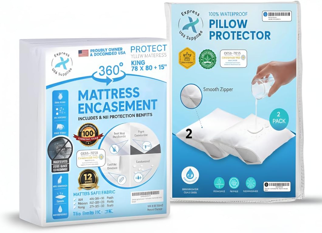 2 Pack Waterproof Pillow Protectors (Queen/Standard 20x28) + King Size Mattress Encasement (12–16 in Deep) | 100% Waterproof, Breathable, Zippered 6-Sided Mattress Cover & Pillow Case Protectors – Bed