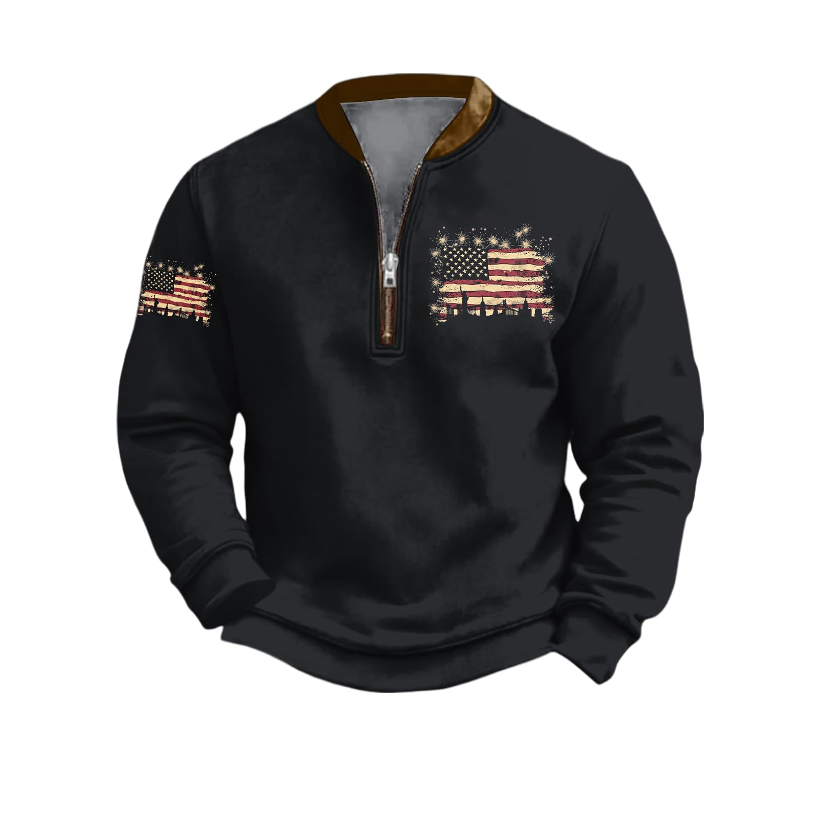 Bengbobar Mens 1 4 Zip Sweatshirt USA Flag Graphic Pocket American Patriotic Stand Collar Long Sleeve Pullover Top