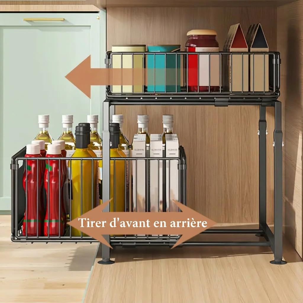 Rangement sous Évier Cuisine, Rangement Cuisine Métal 2 Niveaux avec Tiroirs Coulissants, Organisateur Placard Cuisine et Salle de Bain, Étagère Gain de Place pour Plan de Travail (Une pièce)