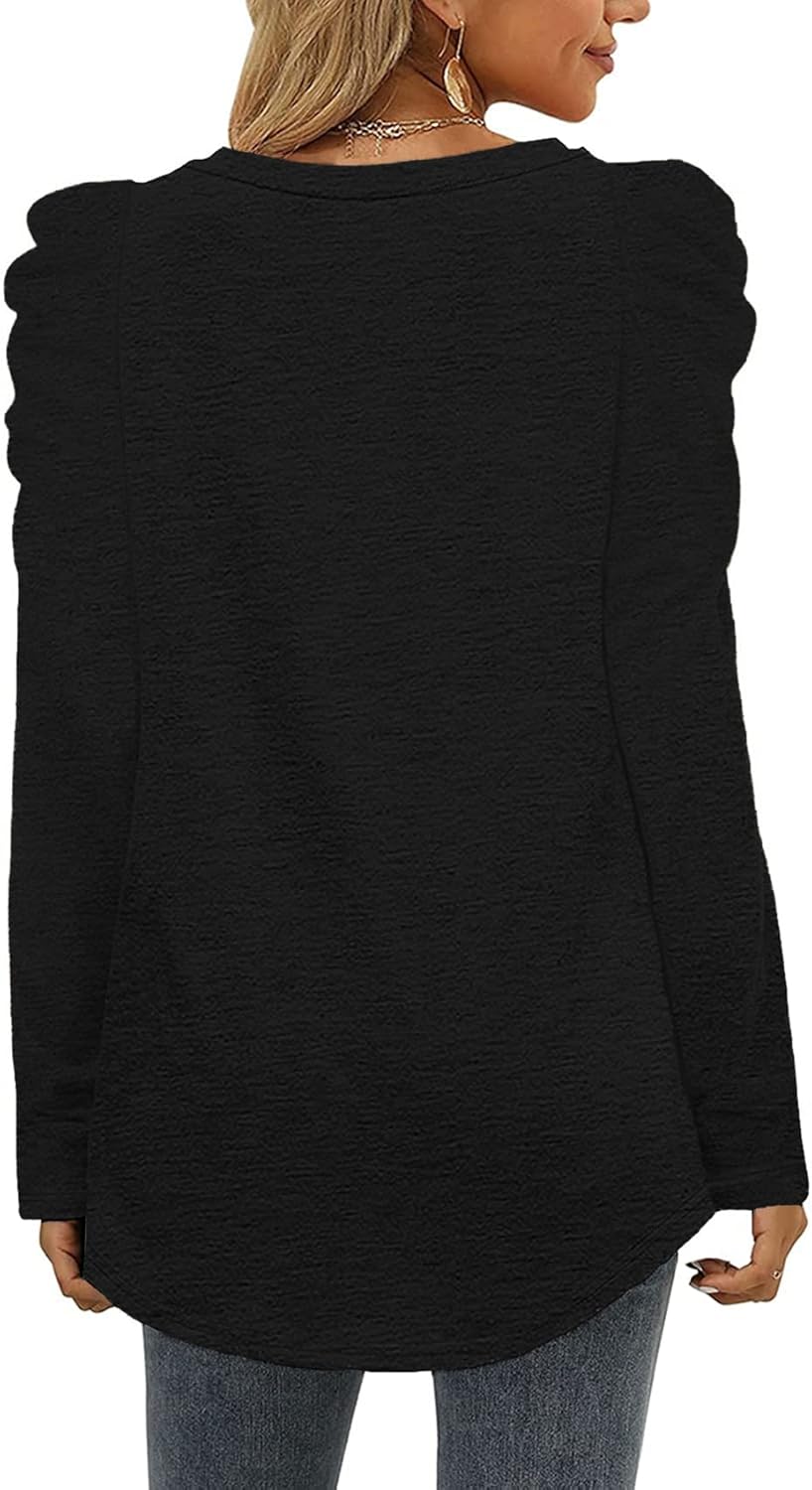 LCXWFE Womens Tunic Tops Puff Sleeve Casual V Neck Long Sleeve Shirts Solid Color S-2XL - Image 4