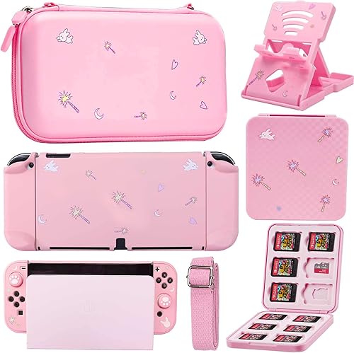 YOOWA Funda de transporte rosa para Nintendo Switch modelo OLED 2021 Bonita funda de transporte NS OLED 4 en 1 con funda acoplable funda para