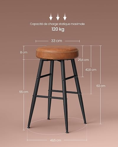 VASAGLE Collection EKHO - Lot de 2 Tabourets de Bar, Chaises de Bar, Chaises de Cuisine, en Similicuir, Hauteur d’Assise 63 cm, pour Cuisine et Salle à Manger, Brun Caramel, LBC080K01V1 - 8