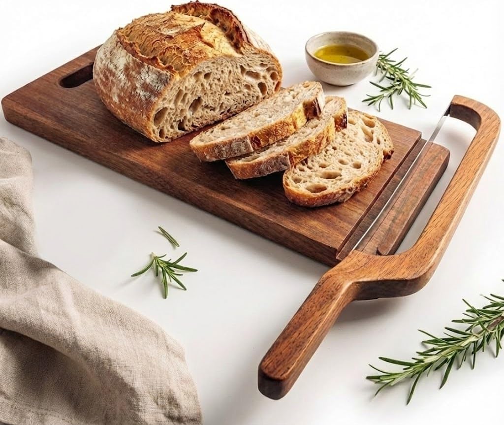 Sourdough Bread Slicer Set – Premium Ebony Cutting Board with Bread Groove, Curved Handle Knife, Magnetic Storage, Adjustable Thickness for Artisan Homemade Loaves