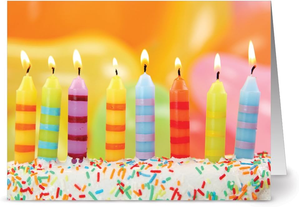 Happy Birthday Cards – 24 Pack – Blow Out The Candles – Unique Design – Yellow ENVELOPES Included – Greeting Cards – Glossy Cover Blank Inside – by Note Card Café