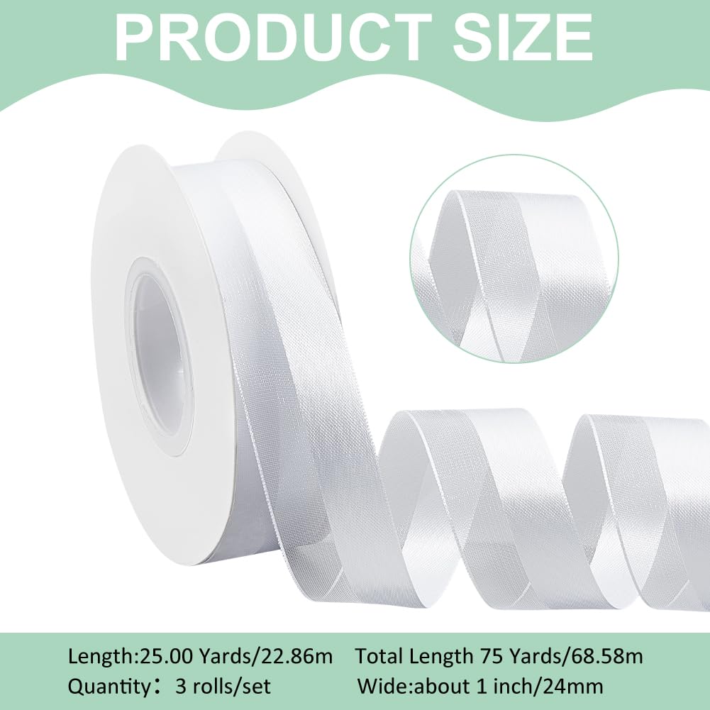 MAYJOYDIY 3 pz 68.6 m Nastro Bianco Mezzo Raso Velato 24mm Bordo Raso Nastro Velato Doppia Trama Bordo Decorativo per Matrimonio Compleanno Festa Bouquet Scatole Regalo Confezionamento
