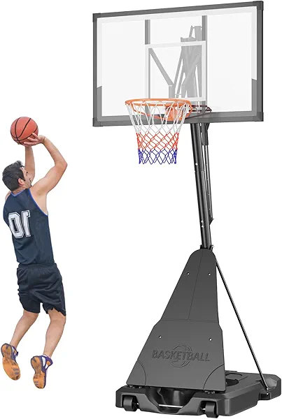 LotFun Portable Basketball Hoop, Outdoor 5-10FT Manual Crank/Hand Pull Adjustable Basketball Goal with 44 Inch PC Backboard & Wheels, Basket Ball Portable Hoops Backyard, Driveway